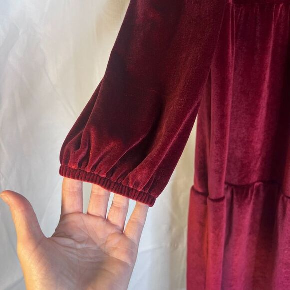 Ophelia Roe Red Velvet Velour Long Sleeve Aline Tiered Ruffle Dress Size Small - Picture 4 of 13